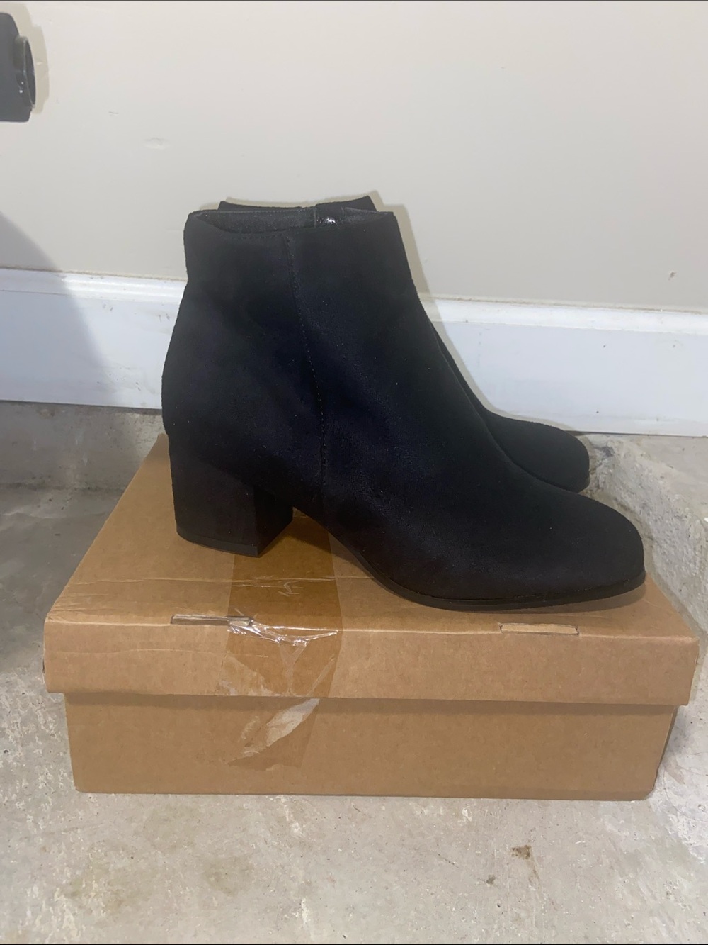Women's Black Suede Ankle Booties with Block Heel